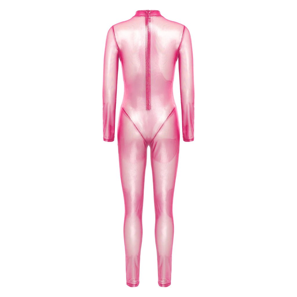 Women Metallic Shiny Full Body Unitards Sheer Rave Party Nightclub Jumpsuit Long Sleeve Long Pants Back Zipper Catsuit Clubwear