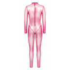 Women Metallic Shiny Full Body Unitards Sheer Rave Party Nightclub Jumpsuit Long Sleeve Long Pants Back Zipper Catsuit Clubwear