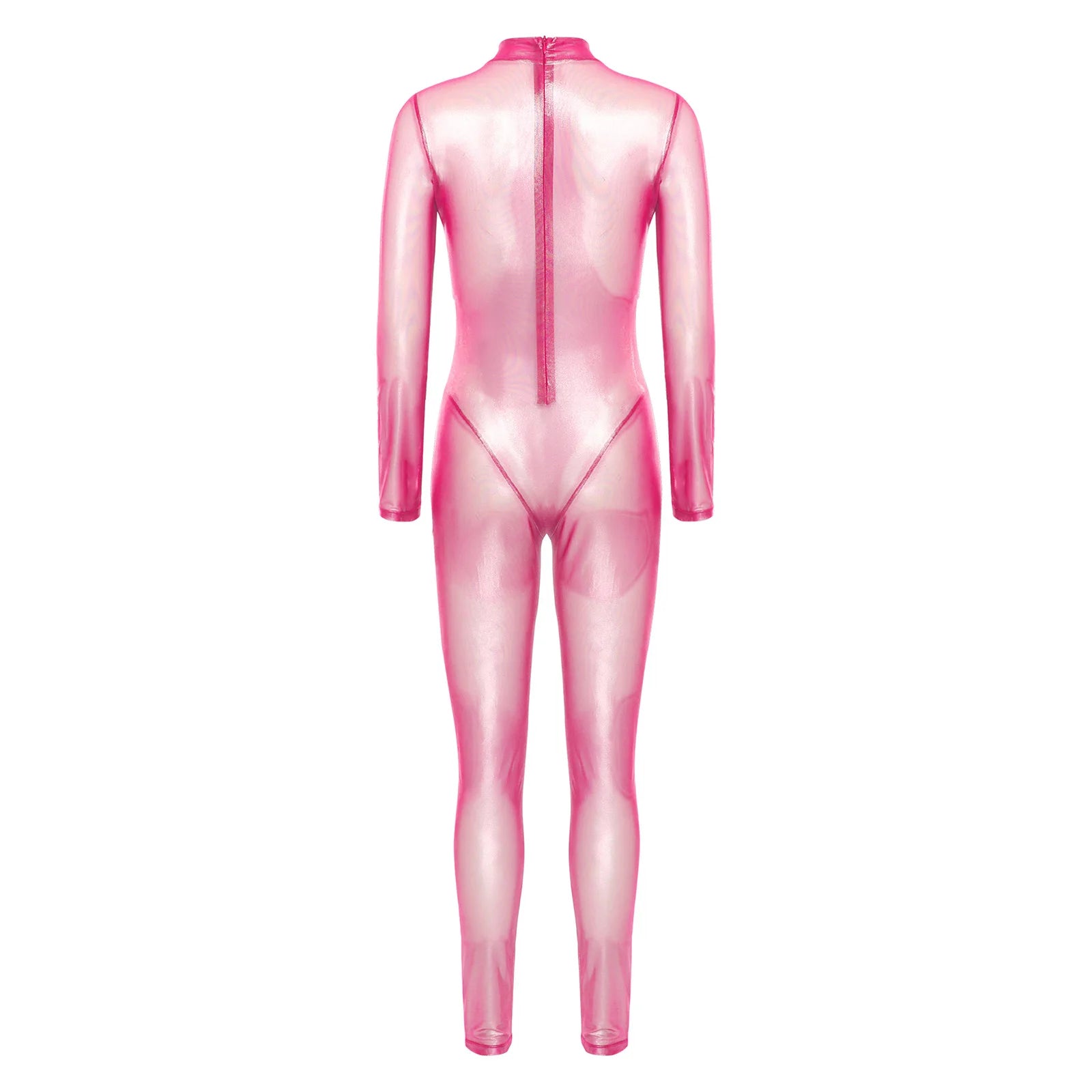 Women Metallic Shiny Full Body Unitards Sheer Rave Party Nightclub Jumpsuit Long Sleeve Long Pants Back Zipper Catsuit Clubwear