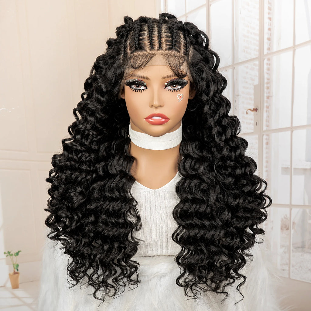 Mannequin head with a black wig styled in loose curls against a neutral background