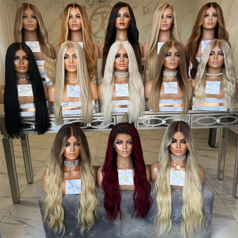 Collection of mannequin heads with long wigs on a table.