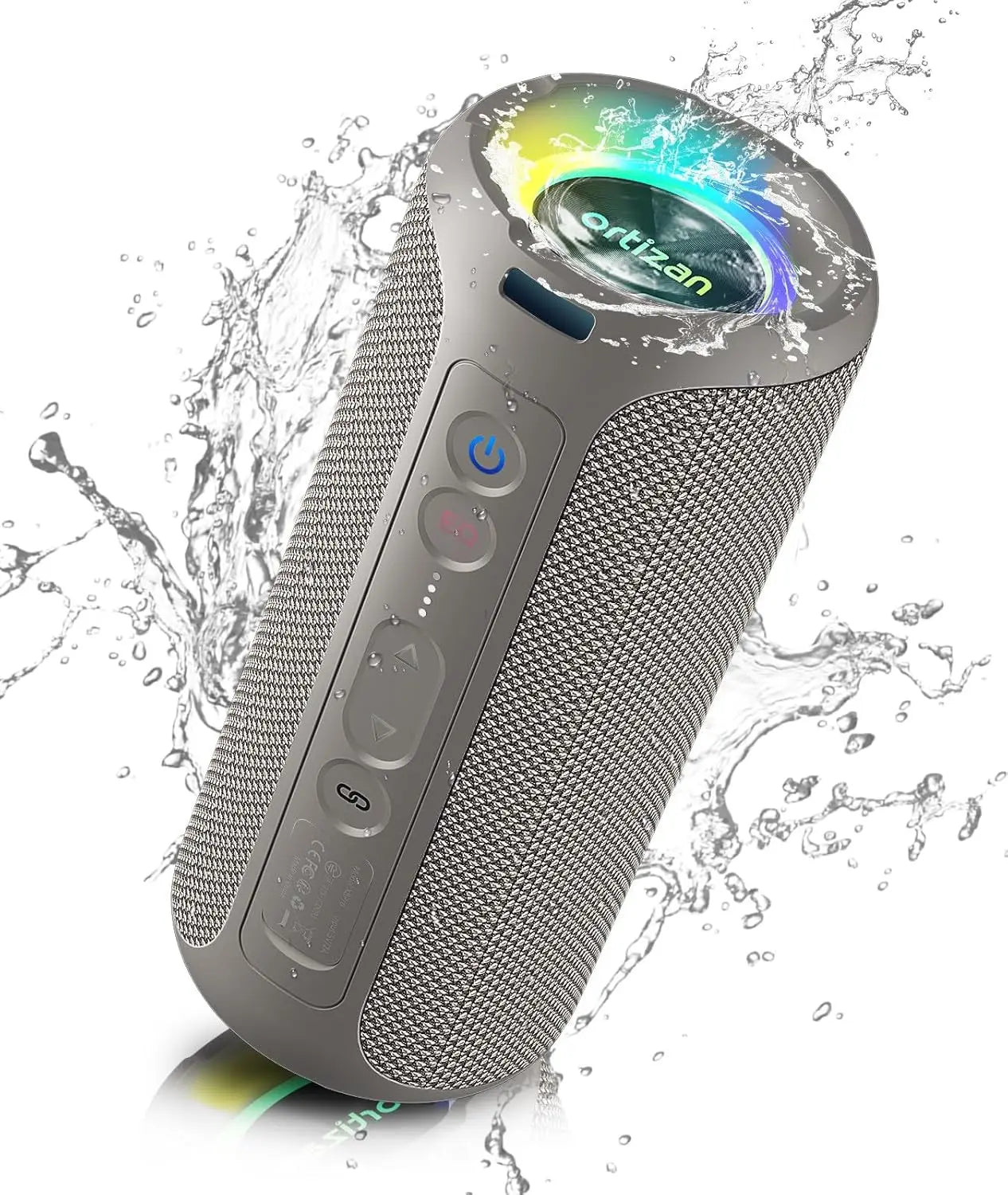 Gray Bluetooth speaker with water splashes on a white background