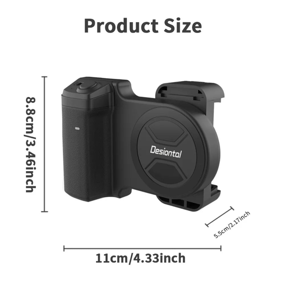 Black phone holder with Desiantal branding and measurements on a white background