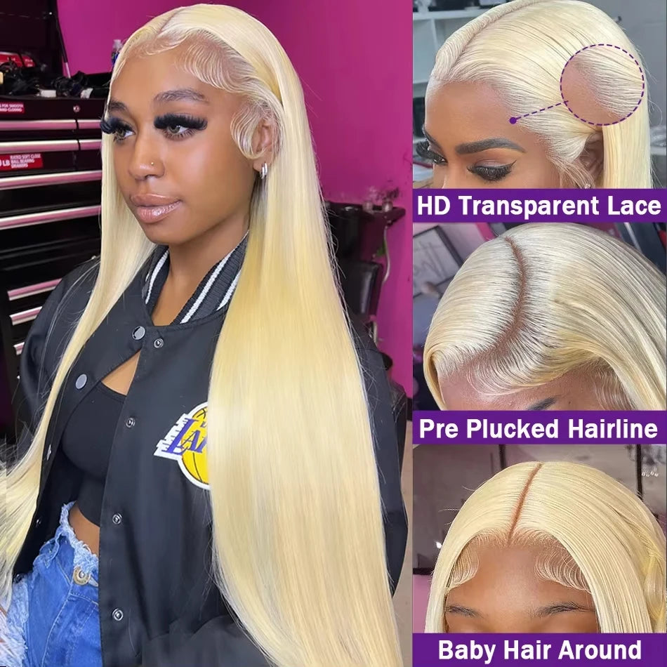 Blonde wig with HD transparent lace, pre-plucked hairline, and baby hair around feature details.