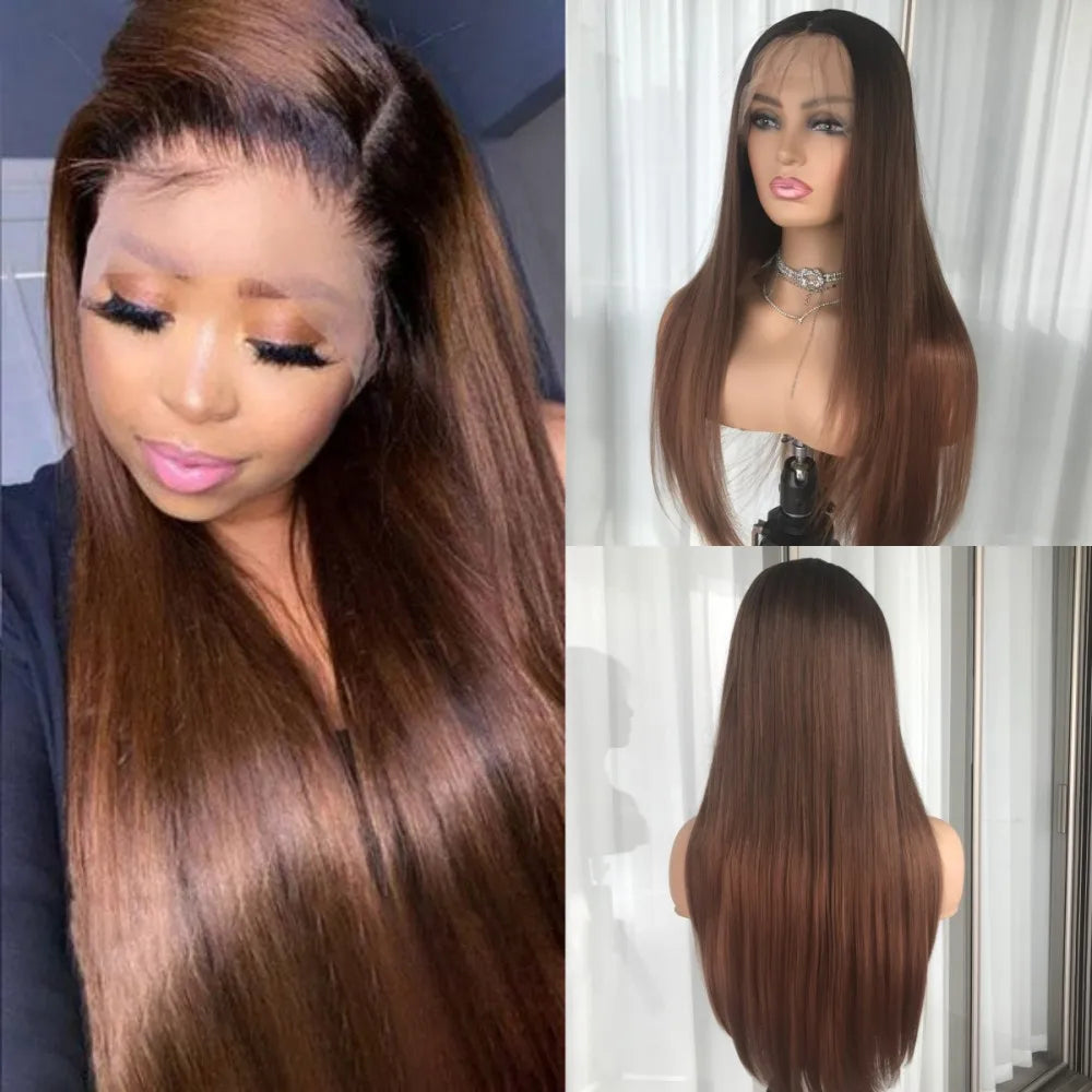 Brown wig displayed on a mannequin and a person, with close-up views.