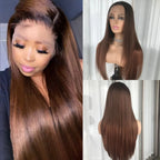 Brown wig displayed on a mannequin and a person, with close-up views.