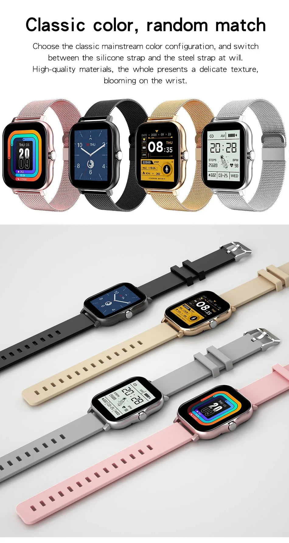 Collection of smartwatches with different colored straps on a white background