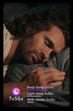 Man sleeping with sleep analysis overlay showing deep, light, and wide awake times.