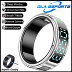 Smart ring with digital display and charging cable, featuring Ola Esporte branding.