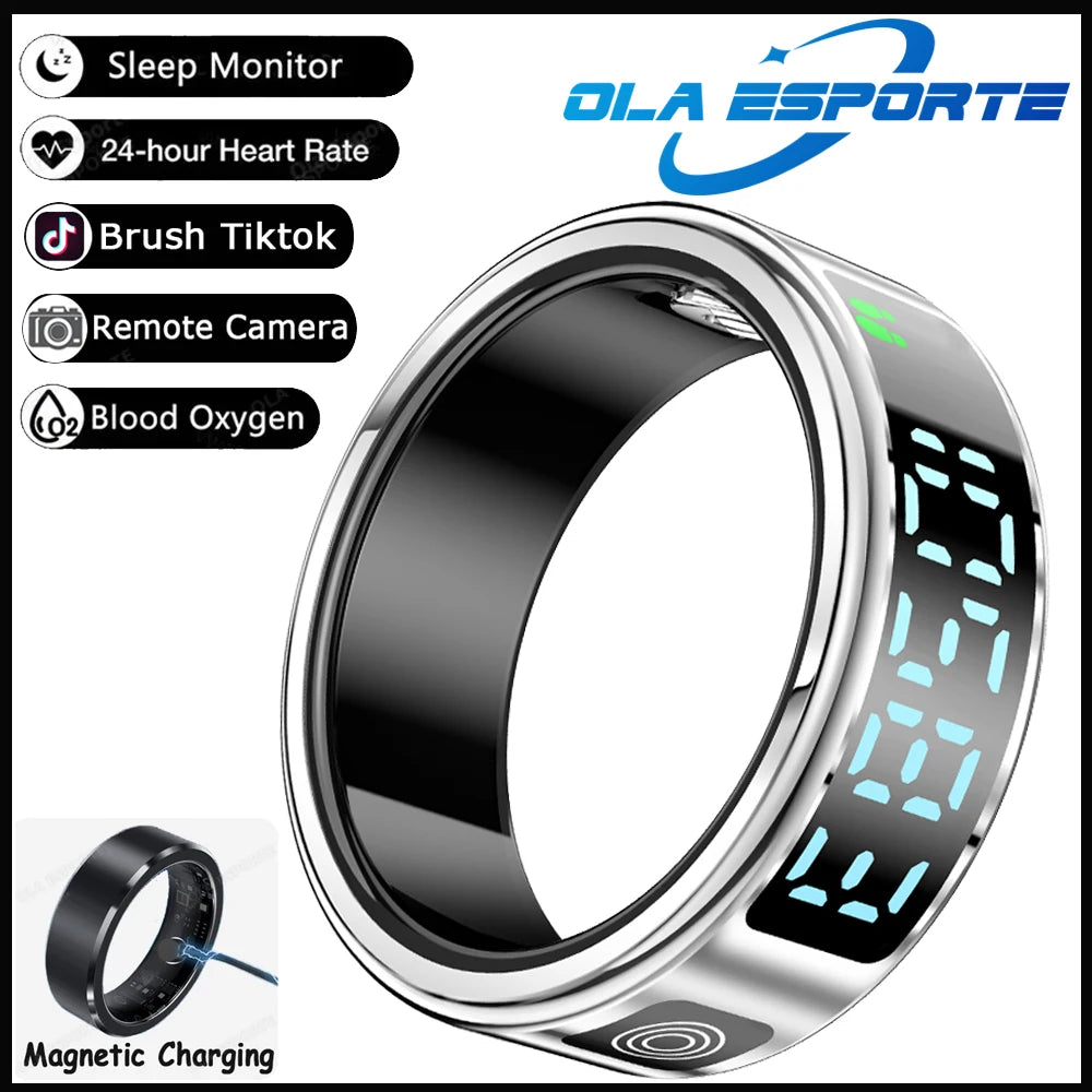 Smart ring with digital display and charging cable, featuring Ola Esporte branding.