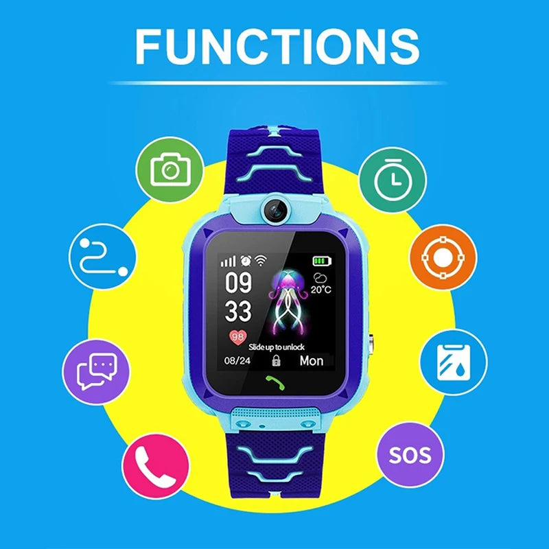 Smartwatch with various functions displayed on a blue background