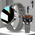 Smartwatch with gray band and additional watch face display, alongside wireless earbuds on a light gray background.