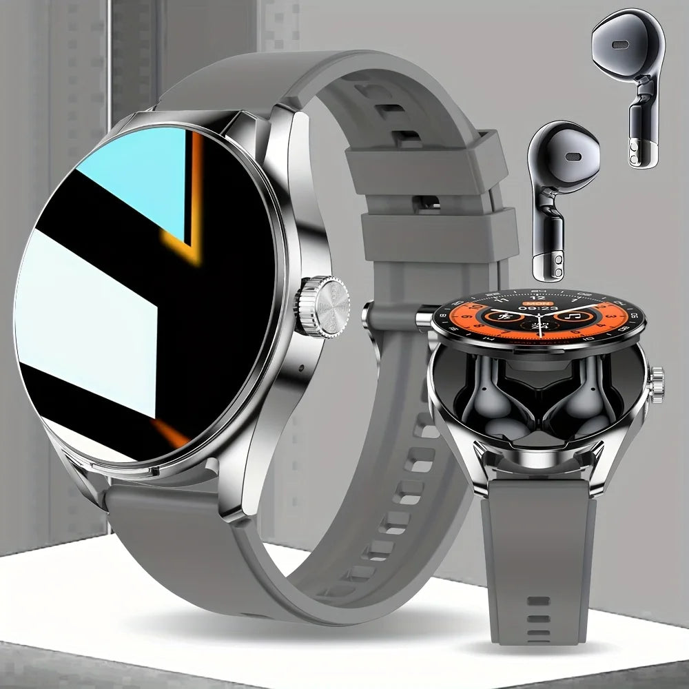 Smartwatch with gray band and additional watch face display, alongside wireless earbuds on a light gray background.