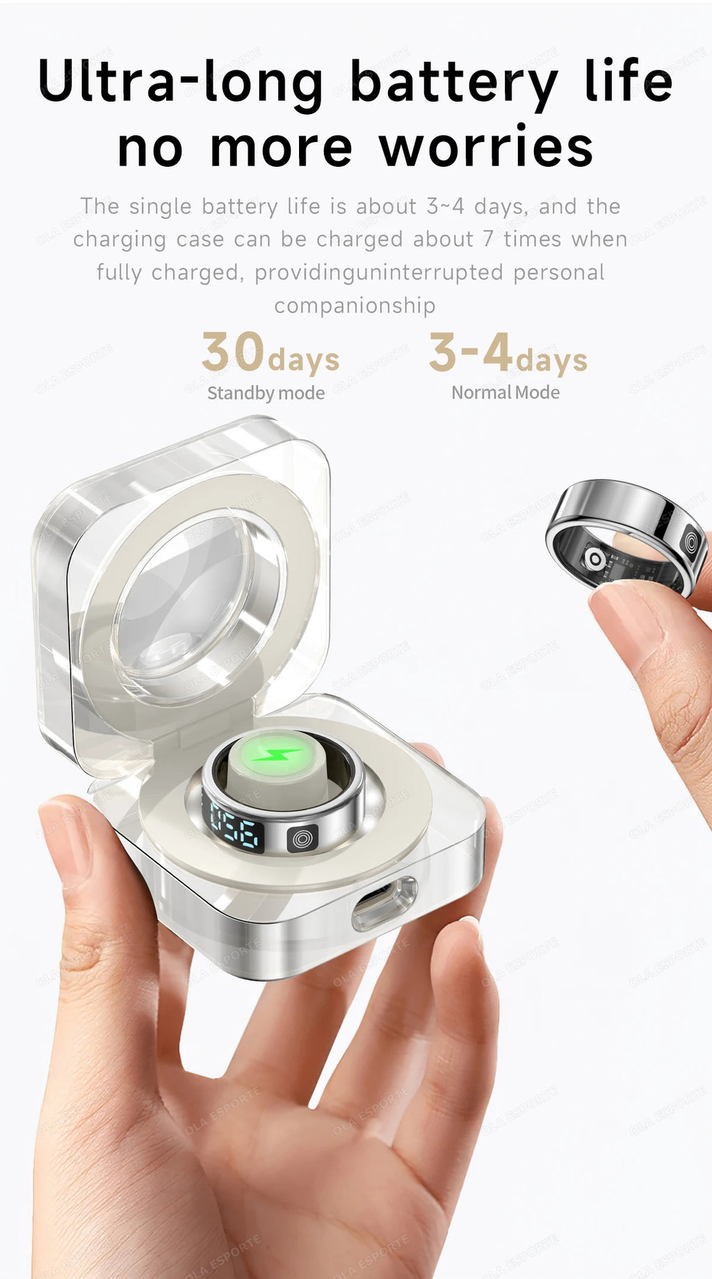 Wireless earbuds with charging case held by a hand, displaying battery life information.