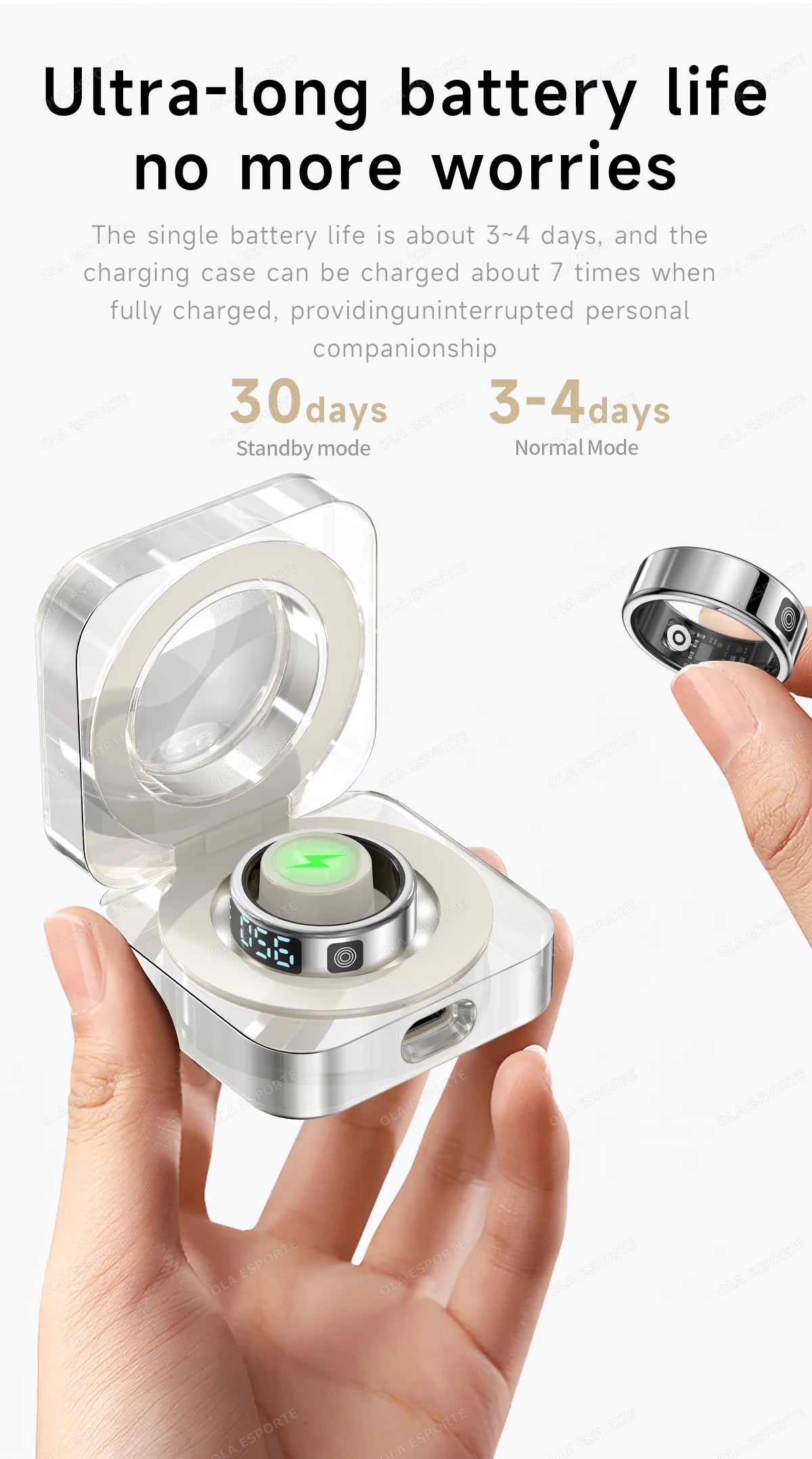 Wireless earbuds with charging case held by a hand, displaying battery life information.