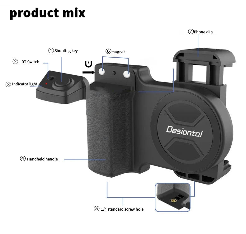 Black phone holder with labeled features on a white background