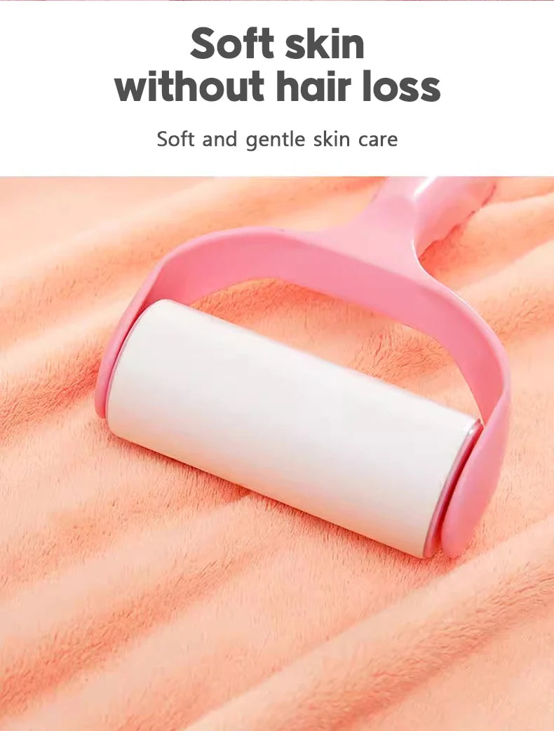 Pink and white pet grooming roller on a soft pink background with text about soft skin and hair loss.