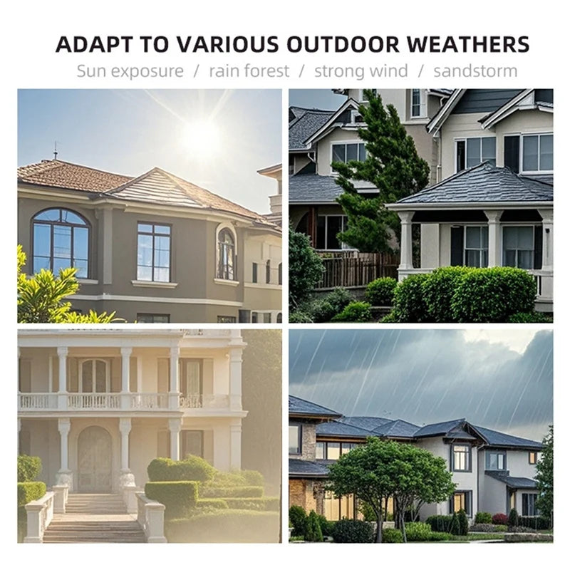Four images of houses under different weather conditions with text 'Adapt to various outdoor weathers'.