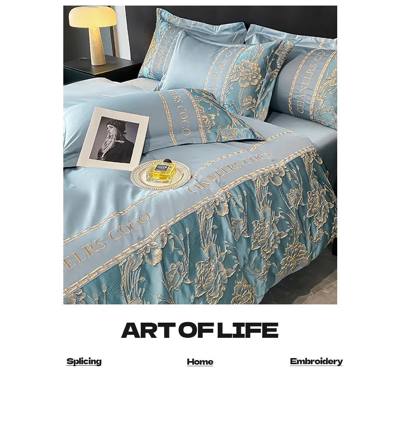 Luxurious blue embroidered bedding set with 'Art of Life' branding.