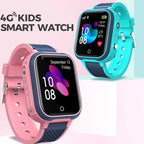 Two kids' smart watches, one pink and one blue, on a light pink background with text '4G Kids Smart Watch'.