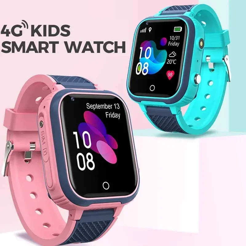 Two kids' smart watches, one pink and one blue, on a light pink background with text '4G Kids Smart Watch'.
