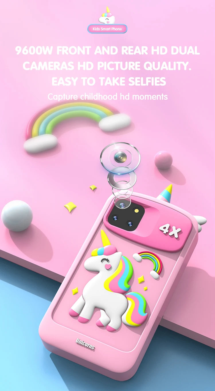 Pink phone case with unicorn design on a pink and blue background