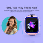 Smartwatch with SOS and two-way phone call features on a purple background
