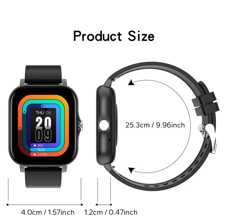 Smartwatch with black band and measurement details on a white background