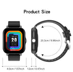 Smartwatch with black band and measurement details on a white background