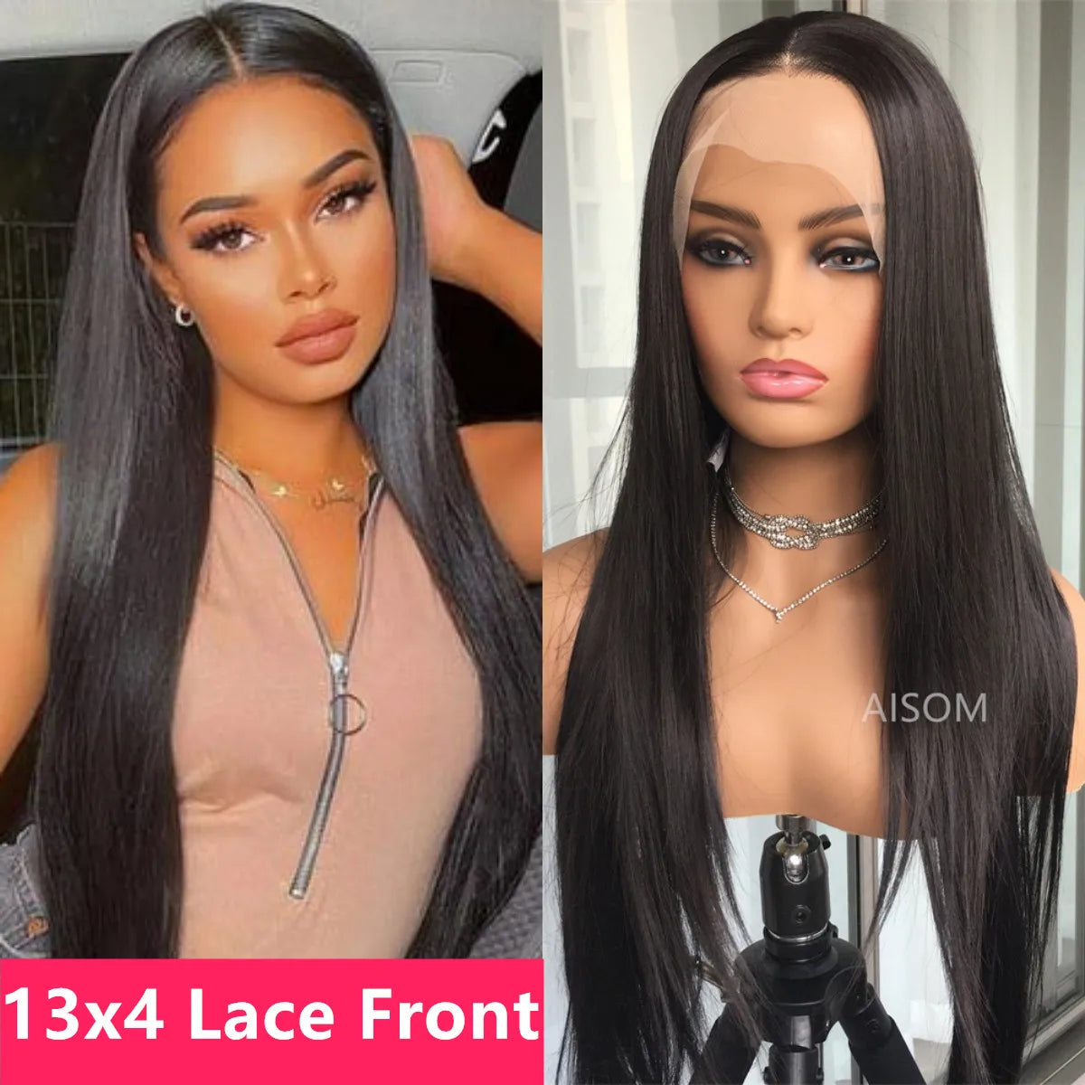 Comparison of a person wearing a wig and a wig on a mannequin head, with text '13x4 Lace Front' displayed.