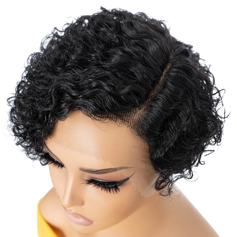 Short curly black wig on a mannequin head with a white background
