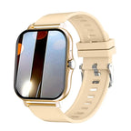 Smartwatch with gold frame and beige band on a white background