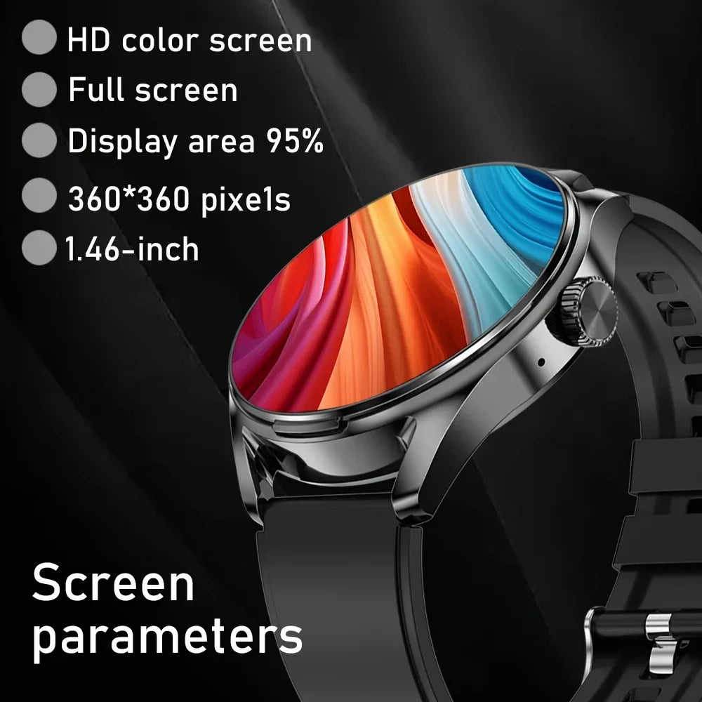 Smartwatch with a colorful display and screen parameters text on a black background
