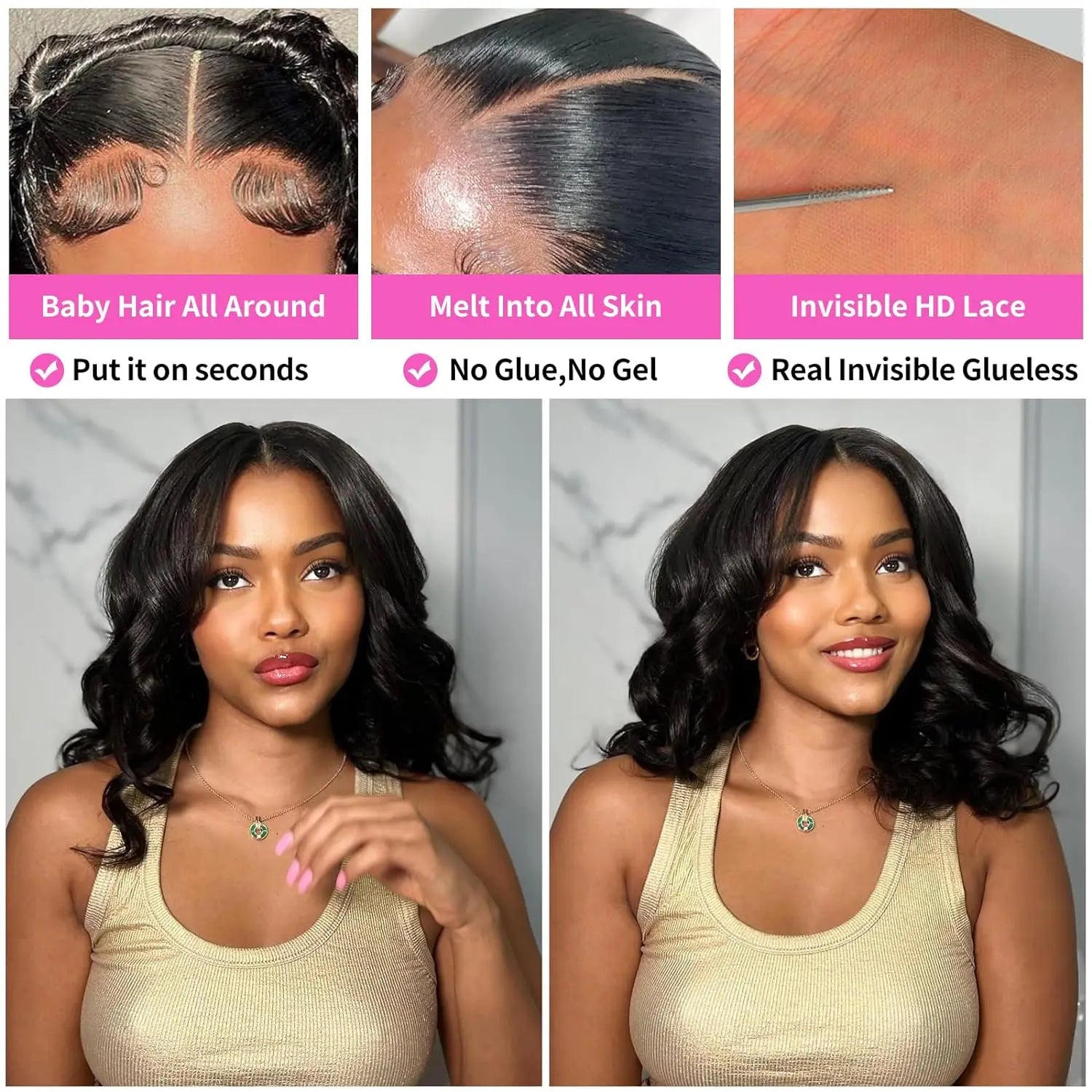 Collage of a hair product with a woman wearing it, highlighting features like baby hair all around, melt into all skin, and invisible HD lace.