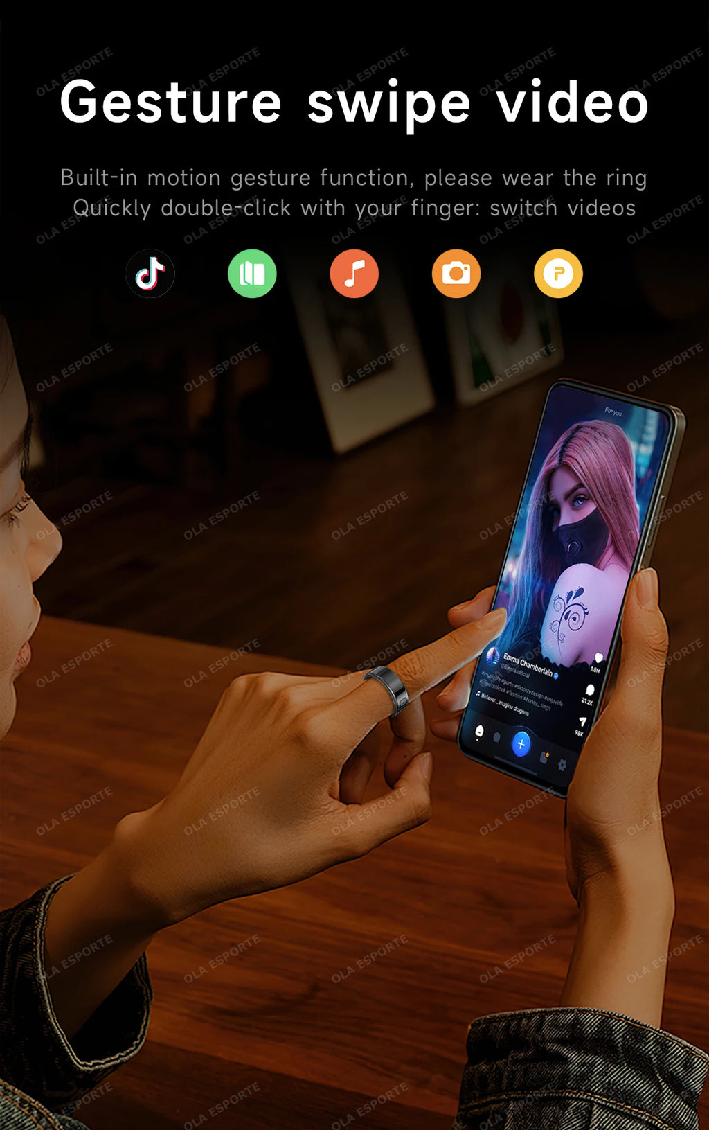 Person using a smartphone with gesture swipe video feature on a wooden table.