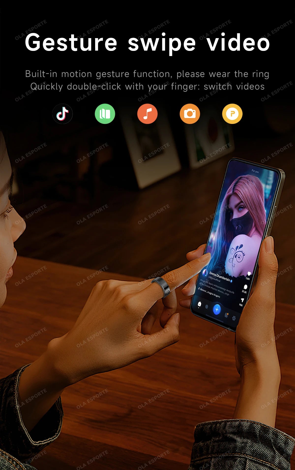 Person using a smartphone with gesture swipe video feature on a wooden table.