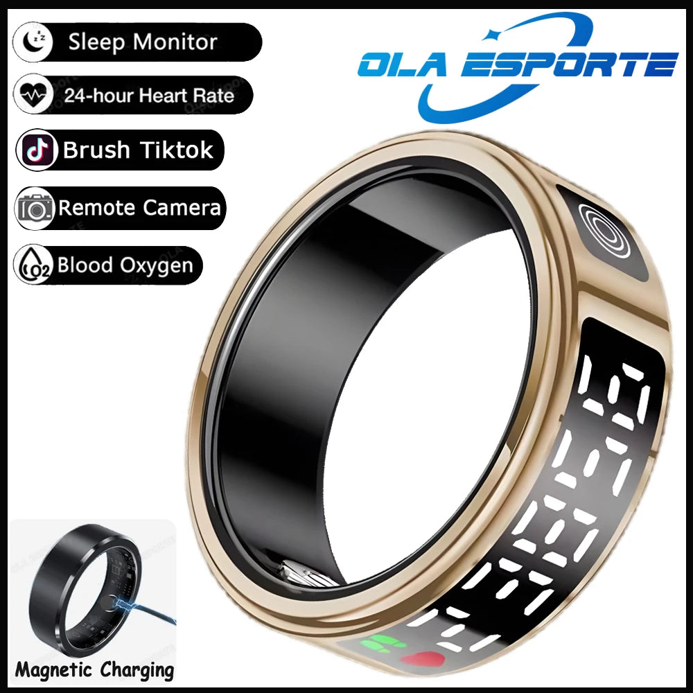 Smart ring with various health monitoring features and Ola Esporte branding.