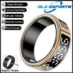 Smart ring with various health monitoring features and Ola Esporte branding.