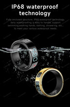 Two digital rings with water splashes and text about IP68 waterproof technology on a black background.
