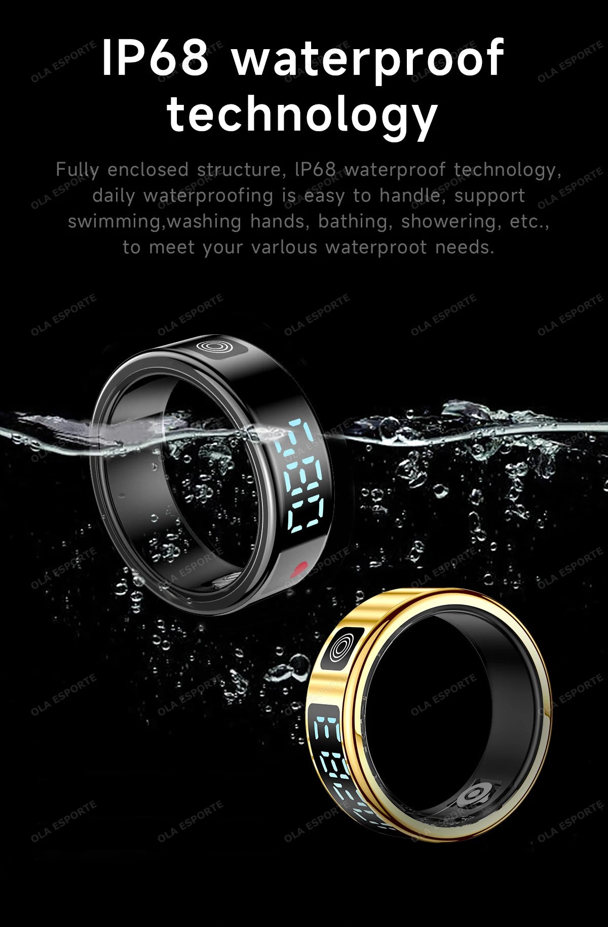 Two digital rings with water splashes and text about IP68 waterproof technology on a black background.