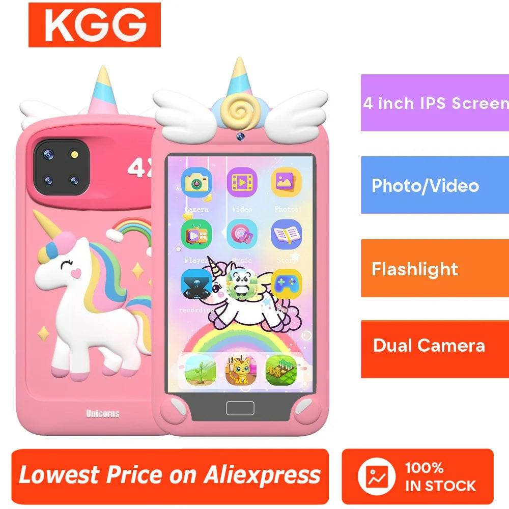 Pink children's tablet with unicorn design and KGG branding on a white background