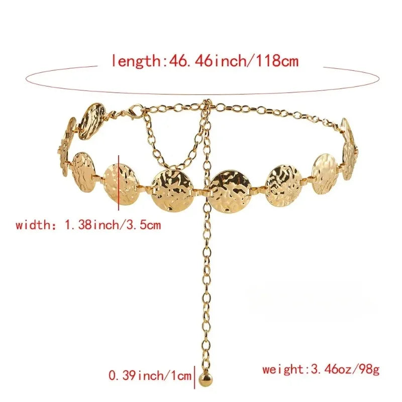 Womens Elegant Ladies Metal Thin Waist Chain Gold Round Irregular Body Chain Sexy Accessory Dress belt Waist Accessories Fashion