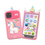 Pink phone case with unicorn design and screen displaying app icons on a white background