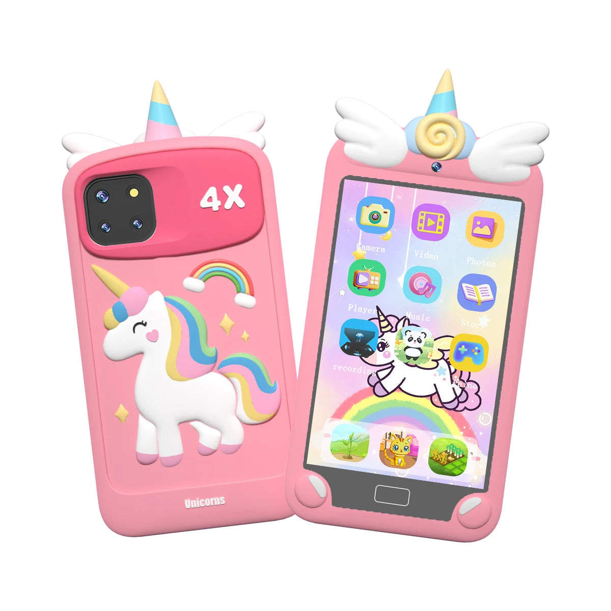 Pink phone case with unicorn design and screen displaying app icons on a white background