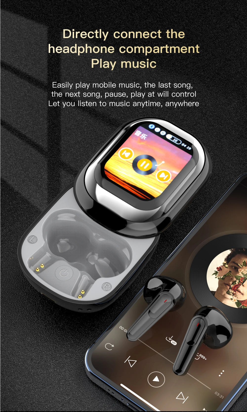 Smartphone with music player app on screen, docked with wireless earbuds, on a dark background.