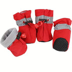 Red dog boots with gray straps on a white background