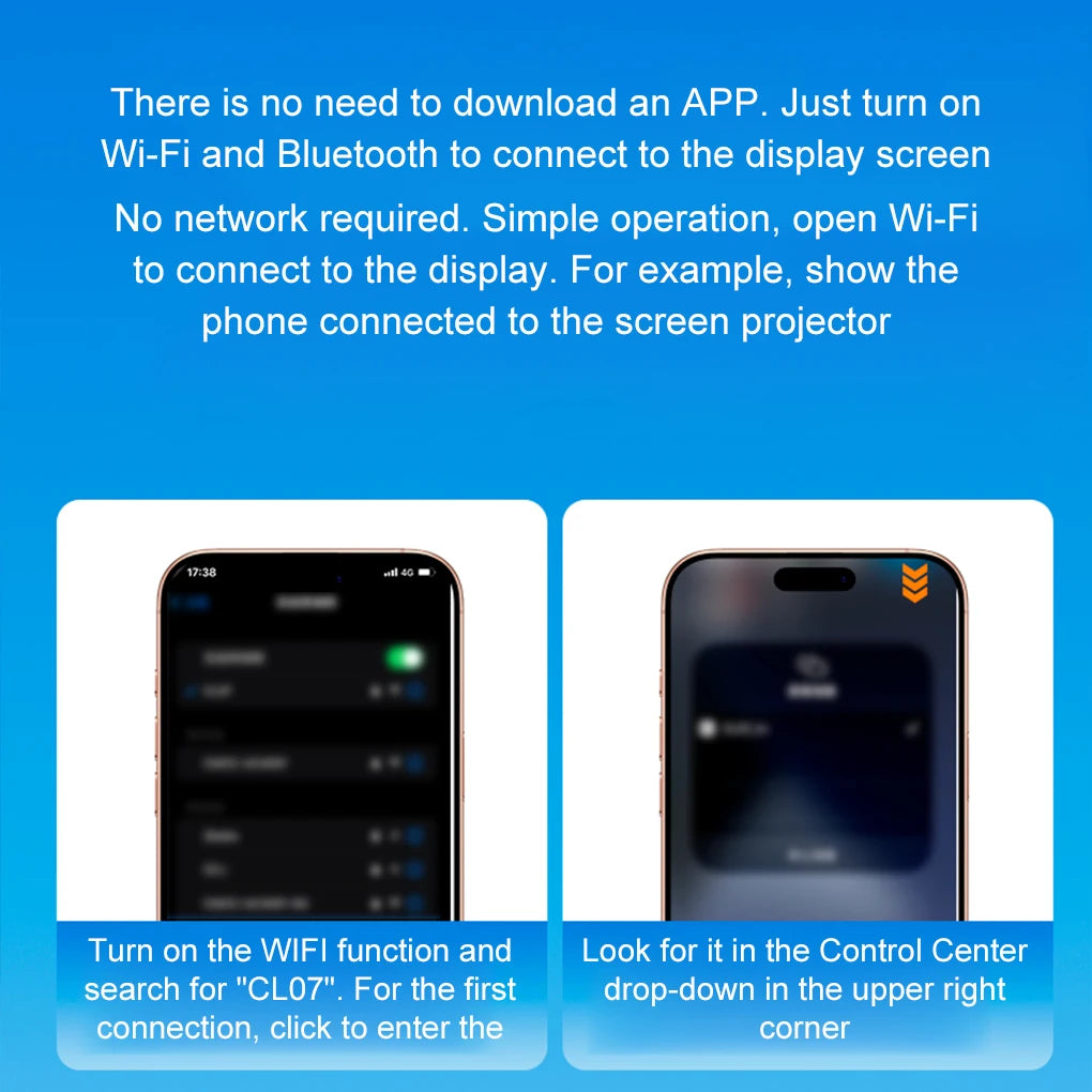 Instructions for connecting a phone to a display screen without downloading an app, using Wi-Fi and Bluetooth.