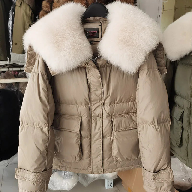 Maomaokong loose Real Fox Fur Collar 2024 White Duck Down Jacket Women Winter Luxury Puffer Coat Oversize Feather Outwear