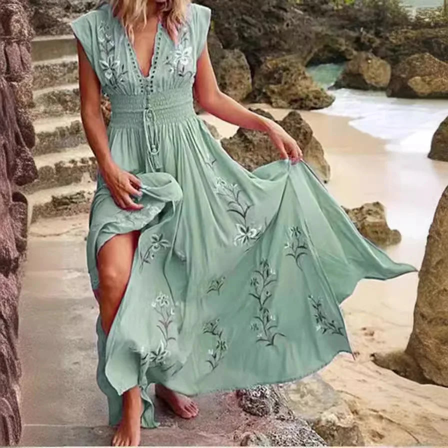 V-neck French Beach Wave Casual Printed Dress