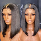 Two views of a gray bob wig on a mannequin head against a dark background.